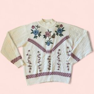 Vintage Embroidered Knit Sweater Floral Checkered